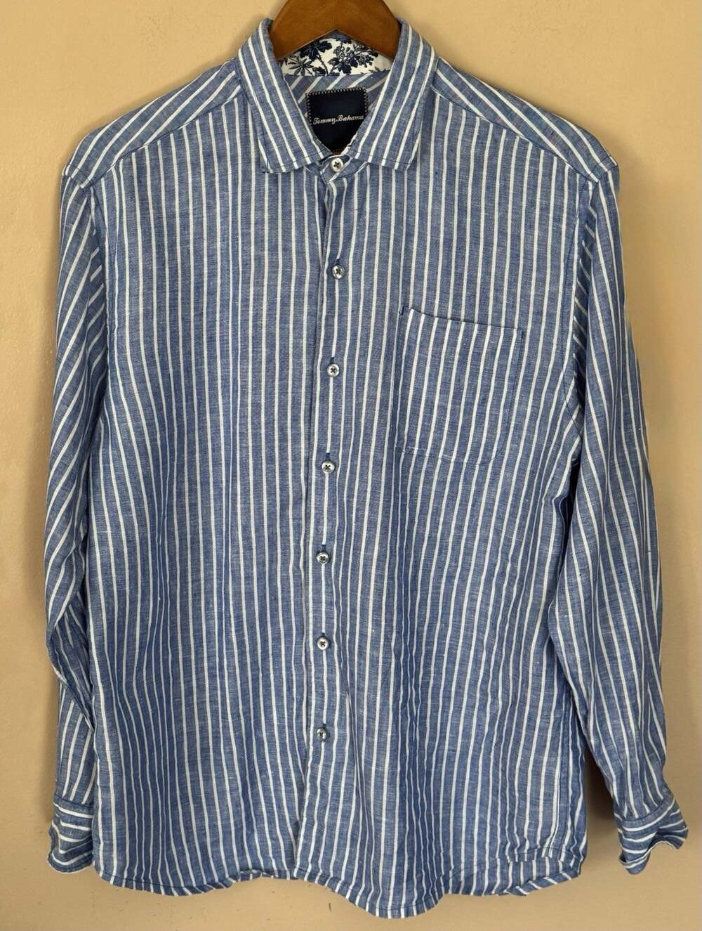 Tommy Bahama Mens Medium 100% Linen Blue Stripe Long Sleeve Button Down Shirt